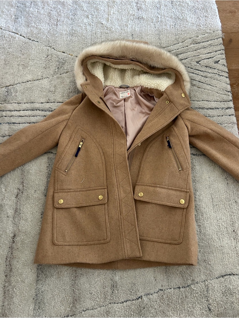 J.Crew Girls' Camel Hooded Wool-Blend Coat with Faux-Fur Trim